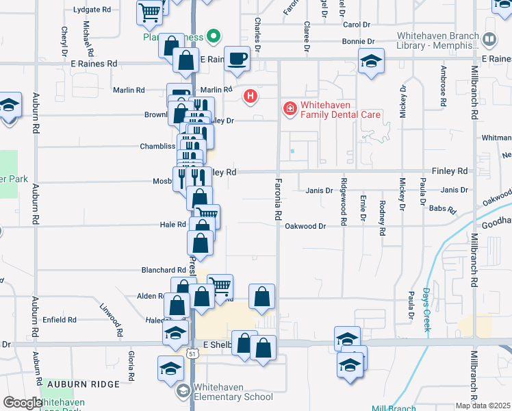 map of restaurants, bars, coffee shops, grocery stores, and more near 1281 Davidson Drive in Memphis