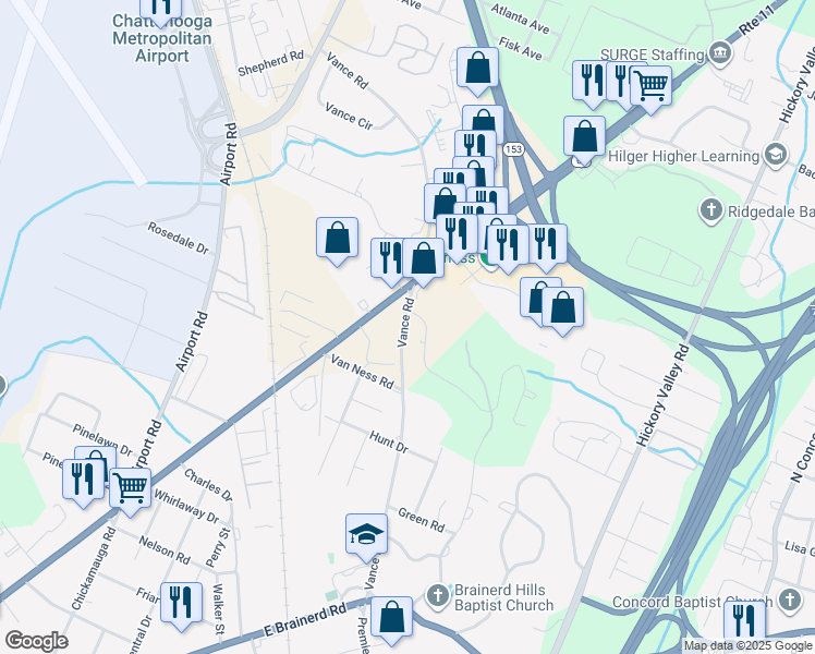map of restaurants, bars, coffee shops, grocery stores, and more near 1558 Vance Road in Chattanooga