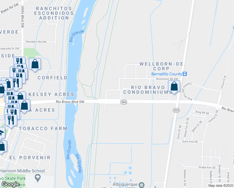 map of restaurants, bars, coffee shops, grocery stores, and more near 501 Poco Loco Drive Southwest in Albuquerque