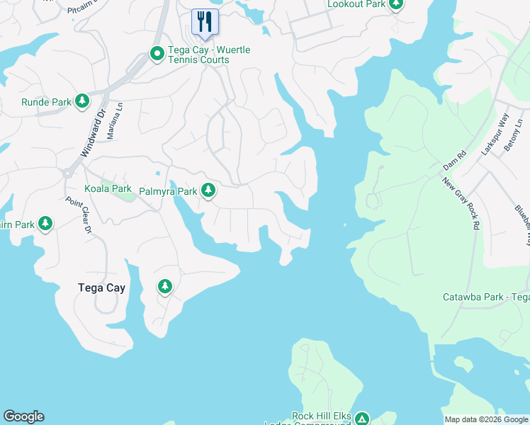 map of restaurants, bars, coffee shops, grocery stores, and more near 1086 Palmyra Drive in Tega Cay