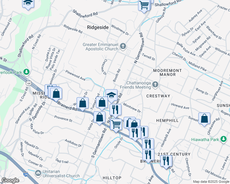 map of restaurants, bars, coffee shops, grocery stores, and more near 214 Booth Road in Chattanooga