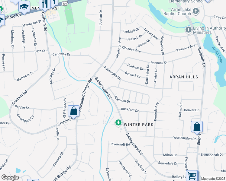 map of restaurants, bars, coffee shops, grocery stores, and more near 6560 Rhemish Drive in Fayetteville