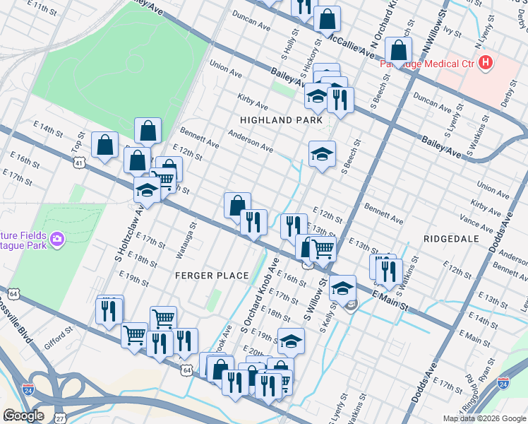 map of restaurants, bars, coffee shops, grocery stores, and more near 1712 East 13th Street in Chattanooga