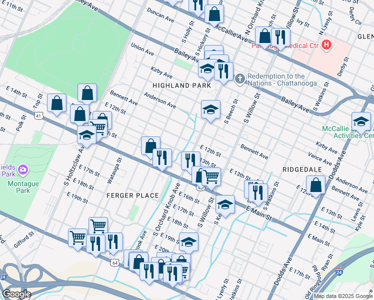 map of restaurants, bars, coffee shops, grocery stores, and more near 1819 East 13th Street in Chattanooga