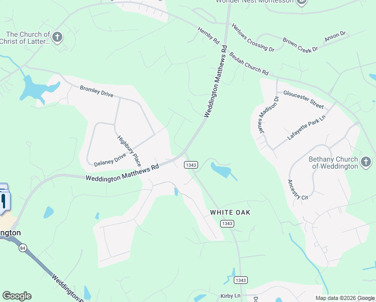 map of restaurants, bars, coffee shops, grocery stores, and more near 1343 Cox Road in Weddington