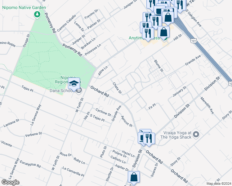 map of restaurants, bars, coffee shops, grocery stores, and more near 233 Frank Court in Nipomo