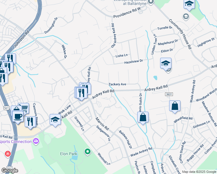 map of restaurants, bars, coffee shops, grocery stores, and more near 10101 Zackery Avenue in Charlotte