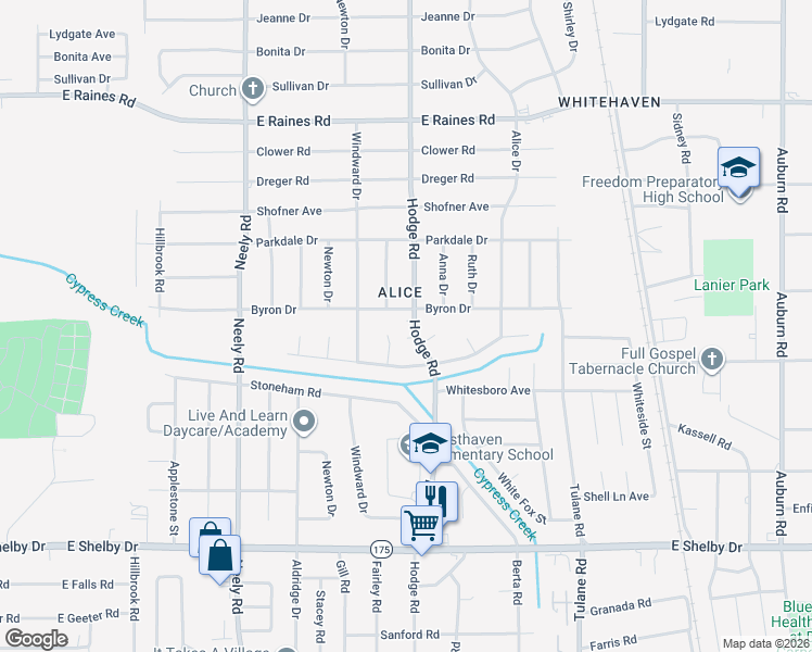 map of restaurants, bars, coffee shops, grocery stores, and more near 4413 Hodge Road in Memphis
