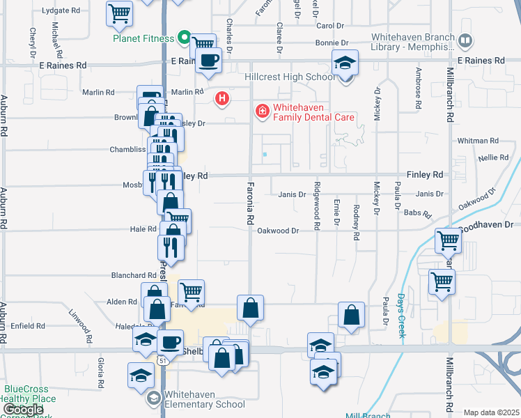 map of restaurants, bars, coffee shops, grocery stores, and more near 4414 Faronia Road in Memphis