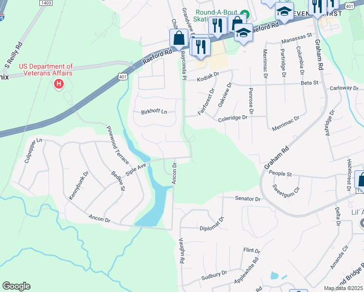 map of restaurants, bars, coffee shops, grocery stores, and more near 7601 Alameda Drive in Fayetteville