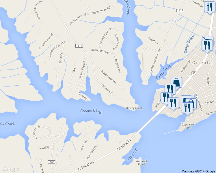 map of restaurants, bars, coffee shops, grocery stores, and more near 8031 Treasure Drive in Oriental