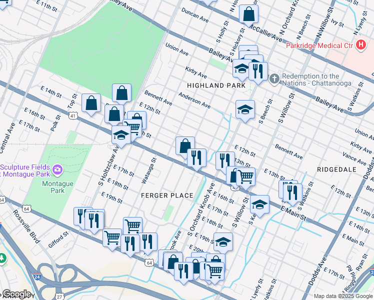map of restaurants, bars, coffee shops, grocery stores, and more near 1617 E 14th St in Chattanooga