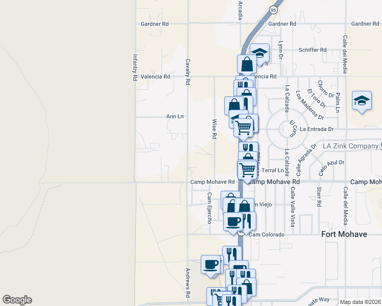 map of restaurants, bars, coffee shops, grocery stores, and more near 4414 Cavalry Rd in Fort Mohave