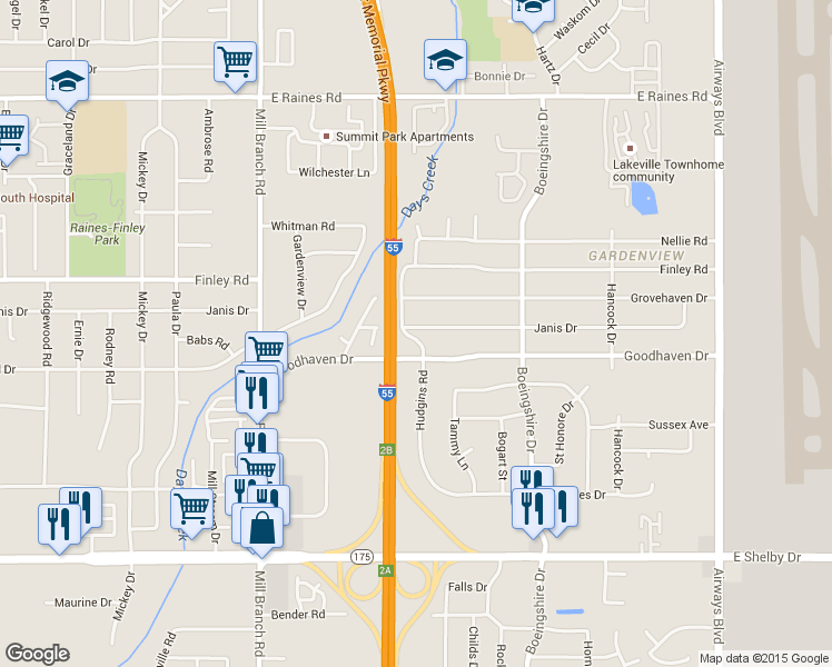 map of restaurants, bars, coffee shops, grocery stores, and more near 1875 Janis Drive in Memphis