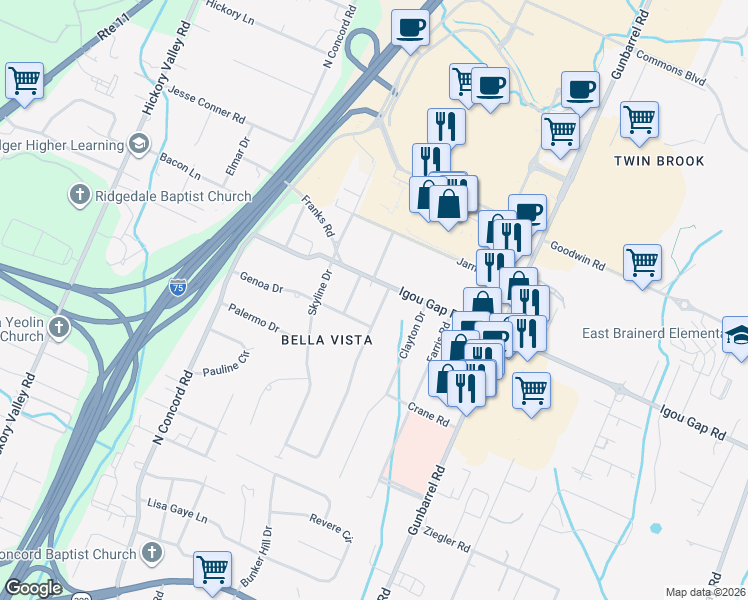map of restaurants, bars, coffee shops, grocery stores, and more near 1805 Verona Drive in Chattanooga