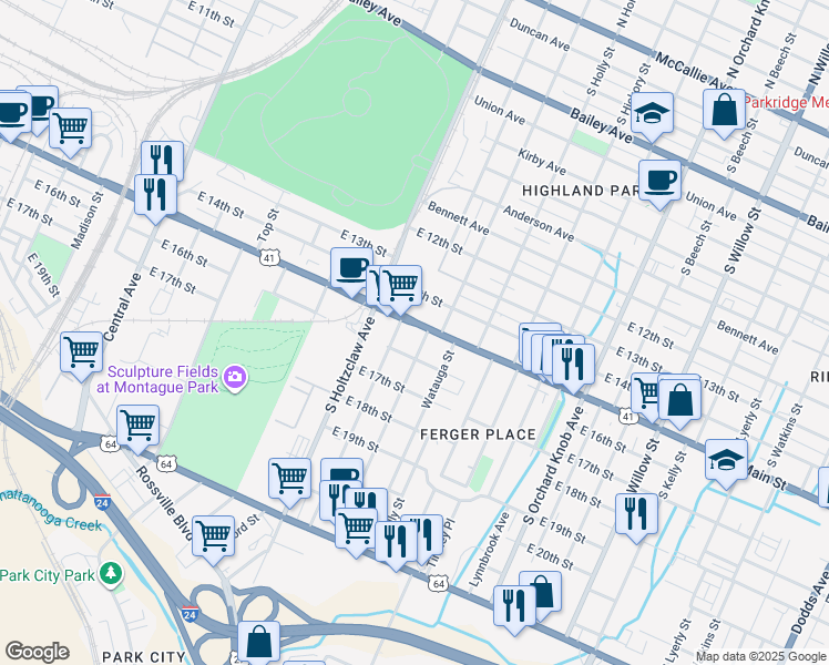 map of restaurants, bars, coffee shops, grocery stores, and more near 1510 South Greenwood Avenue in Chattanooga