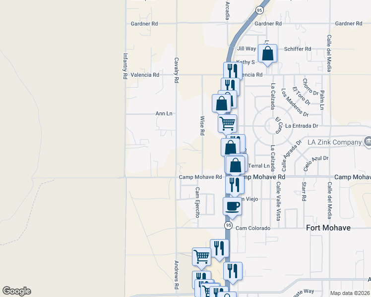 map of restaurants, bars, coffee shops, grocery stores, and more near 4414 Cavalry Road in Fort Mohave