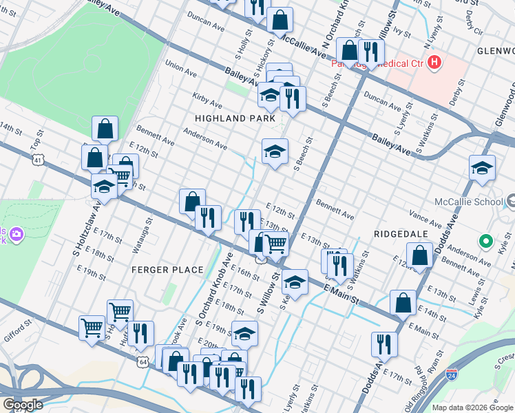map of restaurants, bars, coffee shops, grocery stores, and more near 1908 East 12th Street in Chattanooga