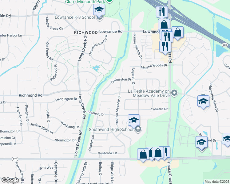 map of restaurants, bars, coffee shops, grocery stores, and more near 7794 Meadow Vale Drive in Memphis