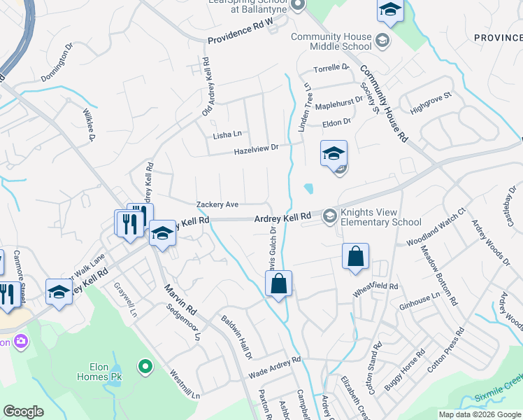 map of restaurants, bars, coffee shops, grocery stores, and more near 9913 Zackery Avenue in Charlotte