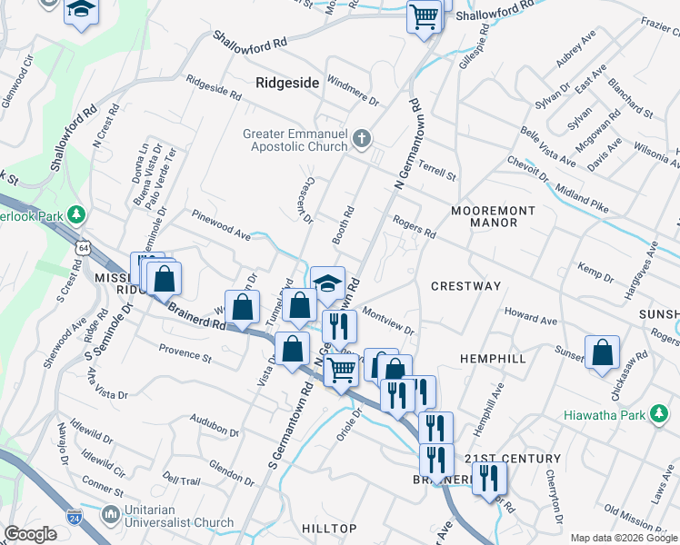 map of restaurants, bars, coffee shops, grocery stores, and more near 214 Booth Road in Chattanooga