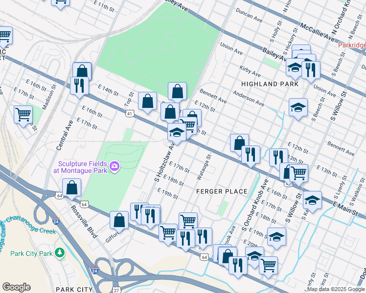 map of restaurants, bars, coffee shops, grocery stores, and more near 1510 South Greenwood Avenue in Chattanooga