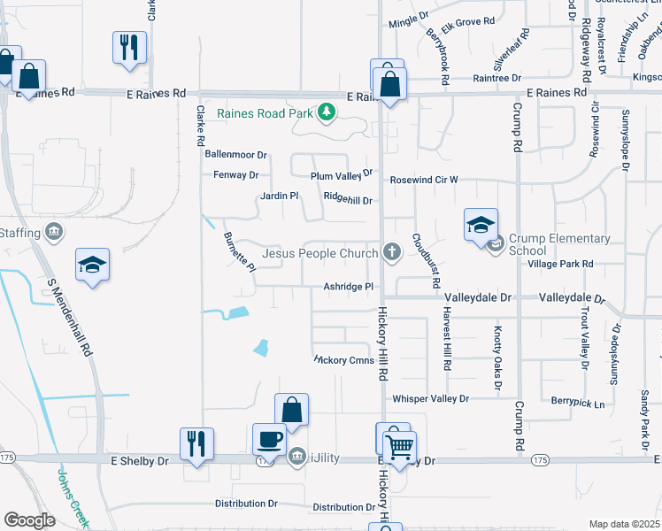 map of restaurants, bars, coffee shops, grocery stores, and more near 4409 Sunny Morning Cove in Memphis
