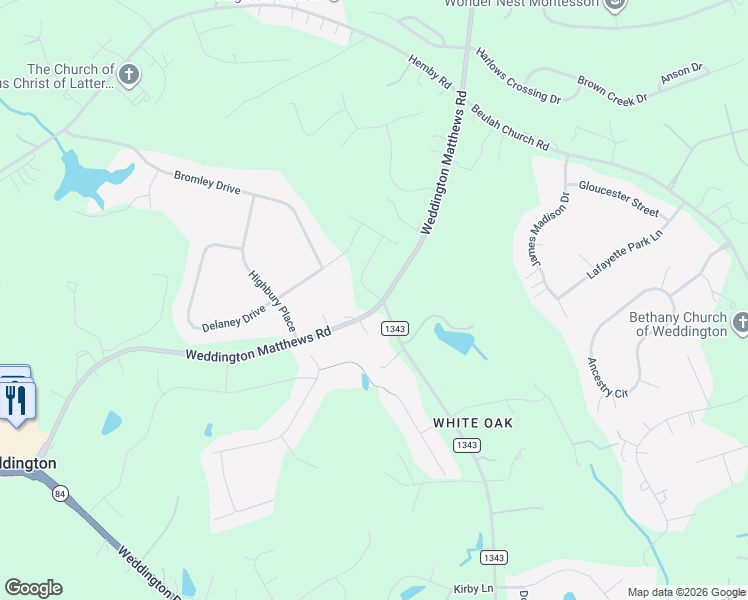 map of restaurants, bars, coffee shops, grocery stores, and more near 1343 Cox Road in Weddington