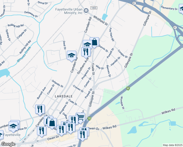 map of restaurants, bars, coffee shops, grocery stores, and more near 1082 Center Street in Fayetteville
