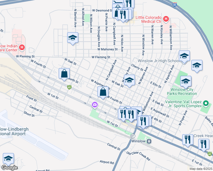 map of restaurants, bars, coffee shops, grocery stores, and more near 518 West Aspinwall Street in Winslow