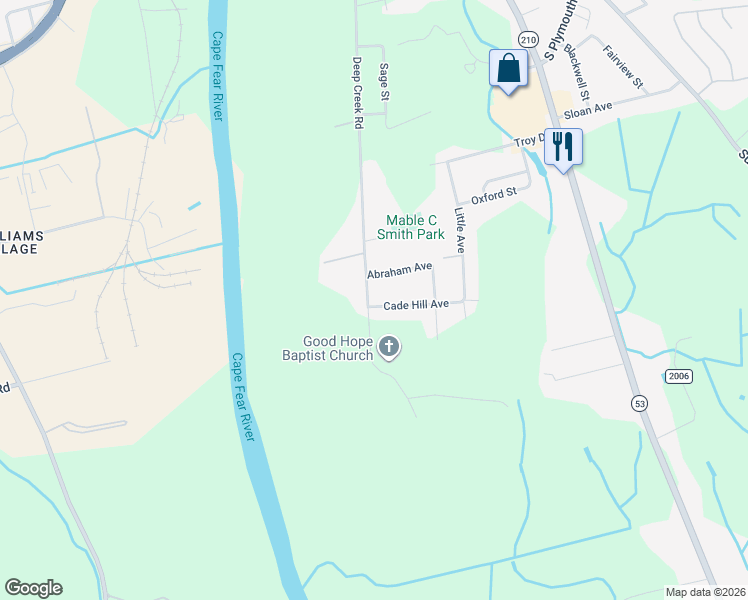 map of restaurants, bars, coffee shops, grocery stores, and more near 1223 Deep Creek Road in Fayetteville