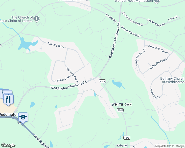 map of restaurants, bars, coffee shops, grocery stores, and more near 6100 Weddington Matthews Road in Matthews