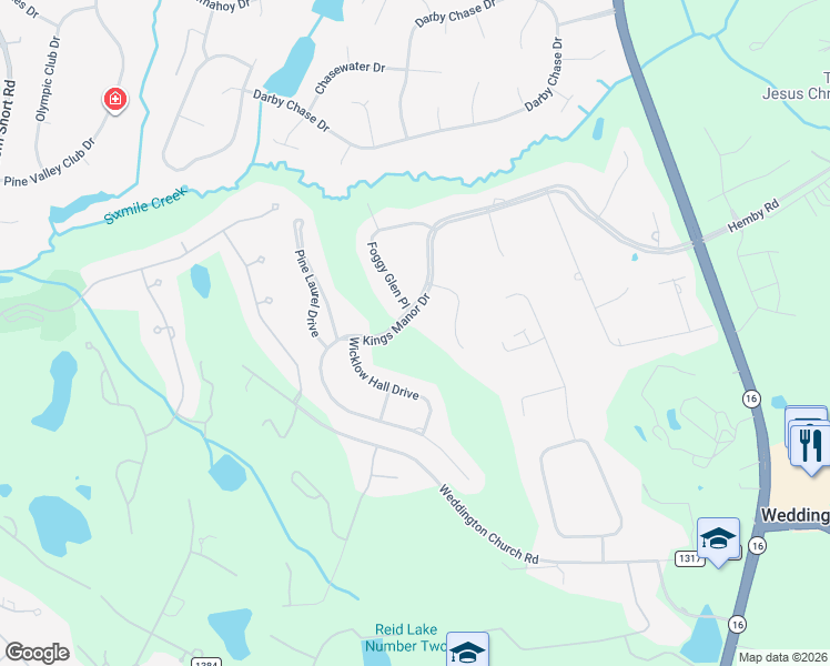map of restaurants, bars, coffee shops, grocery stores, and more near 2097 Kings Manor Drive in Matthews