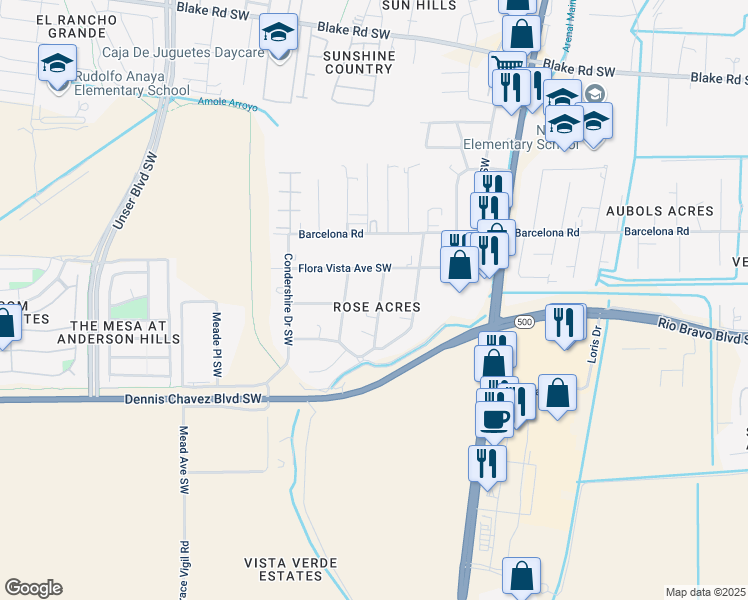 map of restaurants, bars, coffee shops, grocery stores, and more near 3213 Delforado Drive Southwest in Albuquerque