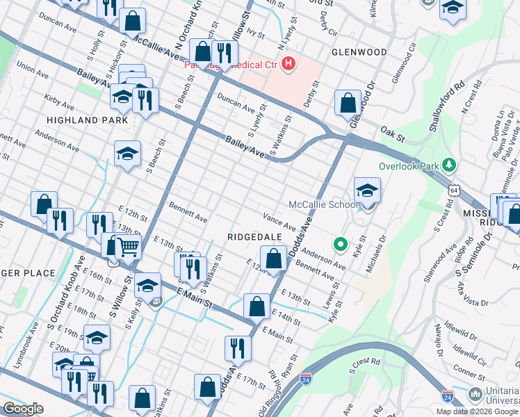 map of restaurants, bars, coffee shops, grocery stores, and more near 2413 Vance Avenue in Chattanooga