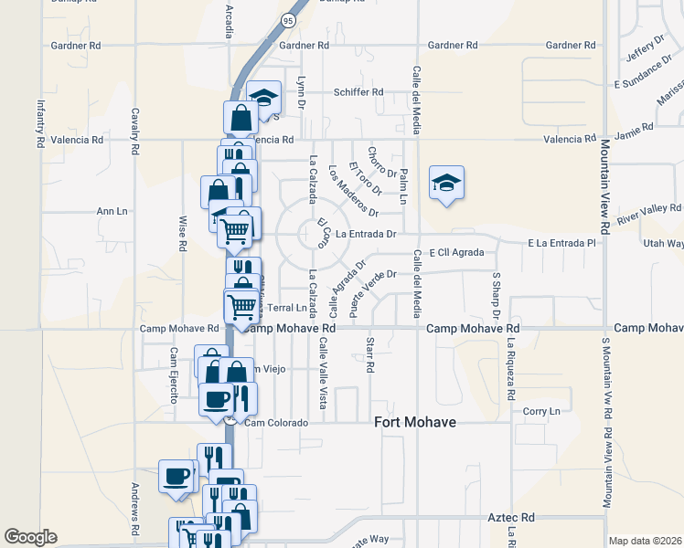 map of restaurants, bars, coffee shops, grocery stores, and more near 4435 Calle Agrada Drive in Fort Mohave