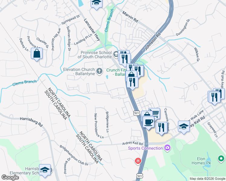 map of restaurants, bars, coffee shops, grocery stores, and more near 11949 Ridgeway Park Drive in Charlotte