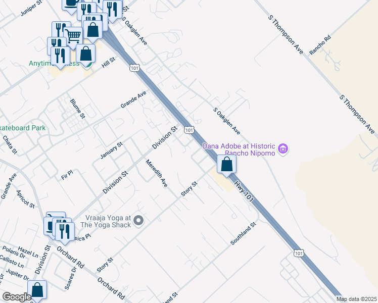 map of restaurants, bars, coffee shops, grocery stores, and more near 556 Margie Place in Nipomo