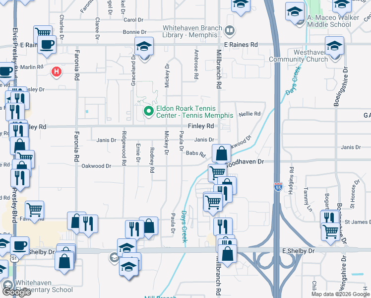map of restaurants, bars, coffee shops, grocery stores, and more near 1604 Babs Road in Memphis