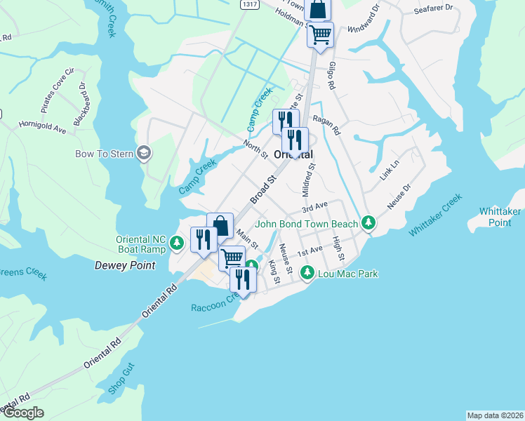 map of restaurants, bars, coffee shops, grocery stores, and more near 601 Neuse Street in Oriental