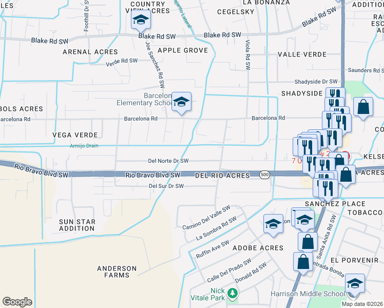 map of restaurants, bars, coffee shops, grocery stores, and more near 2459 Del Norte Drive Southwest in Albuquerque