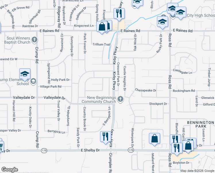 map of restaurants, bars, coffee shops, grocery stores, and more near 4418 Cedar Park Drive in Memphis