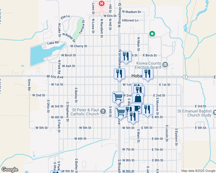 map of restaurants, bars, coffee shops, grocery stores, and more near 109 South Hill Street in Hobart