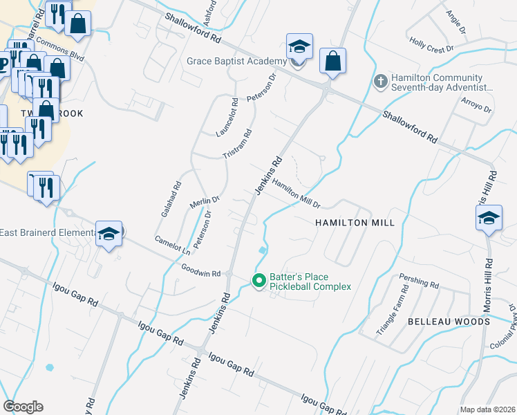 map of restaurants, bars, coffee shops, grocery stores, and more near 2106 Jenkins Road in Chattanooga