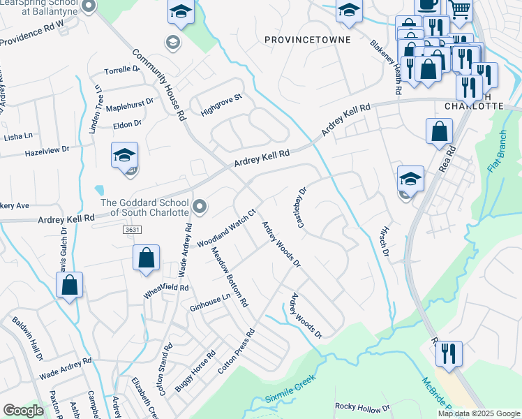map of restaurants, bars, coffee shops, grocery stores, and more near 9840 Ardrey Woods Drive in Charlotte