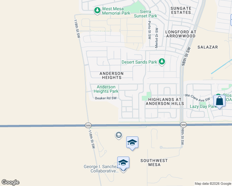 map of restaurants, bars, coffee shops, grocery stores, and more near 3036 Erratic Street Southwest in Albuquerque