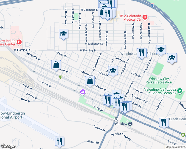 map of restaurants, bars, coffee shops, grocery stores, and more near 518 West Aspinwall Street in Winslow