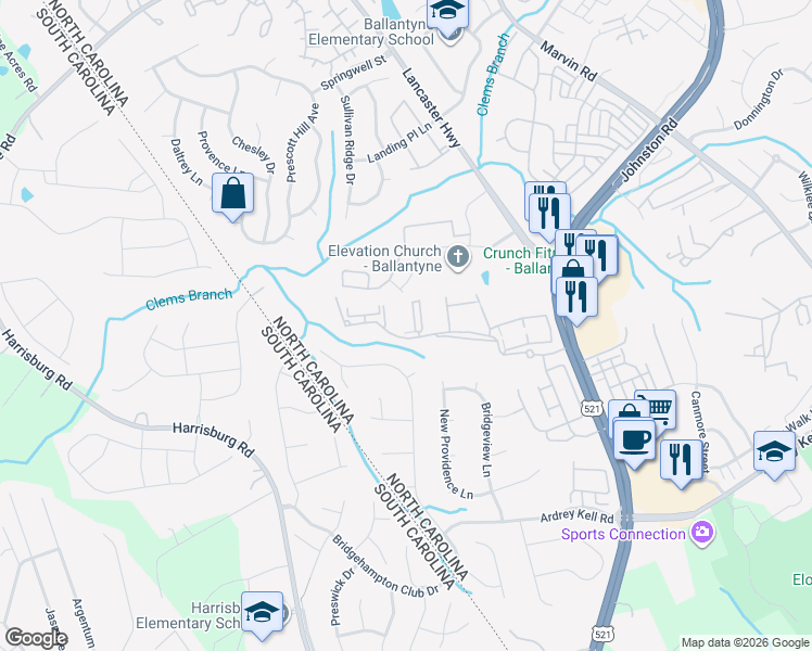 map of restaurants, bars, coffee shops, grocery stores, and more near 17154 Red Feather Drive in Charlotte