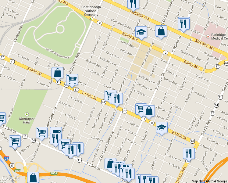 map of restaurants, bars, coffee shops, grocery stores, and more near 1712 East 13th Street in Chattanooga