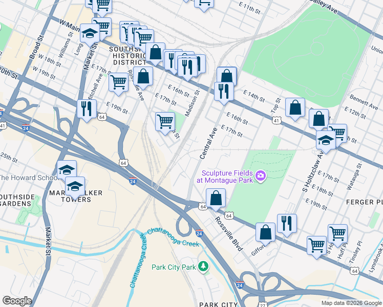 map of restaurants, bars, coffee shops, grocery stores, and more near 1901 Central Avenue in Chattanooga